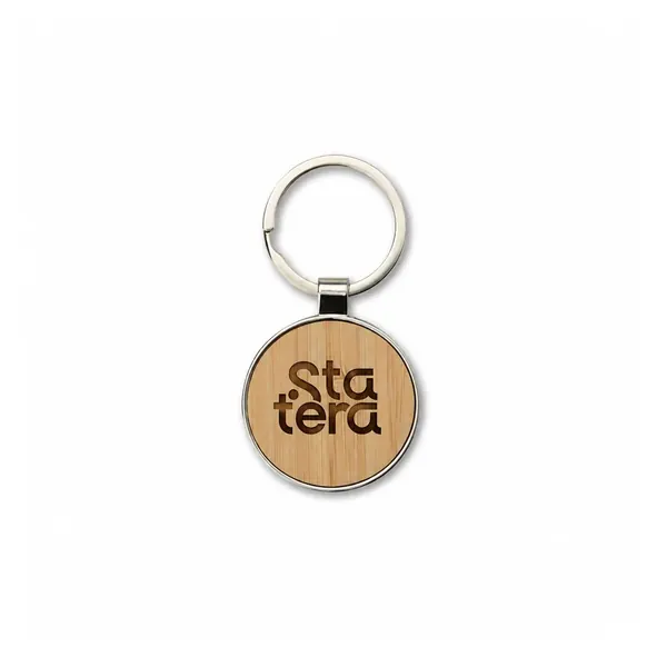 Chaveiro de Metal e Bambu Arredondado 7,5 x 4 cm com personalização Statera para empresas