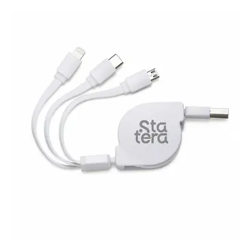 Cabo USB Retrátil 3 em 1 com USB-C, Micro USB e Lightning com logo aplicada (cód. CABO31)