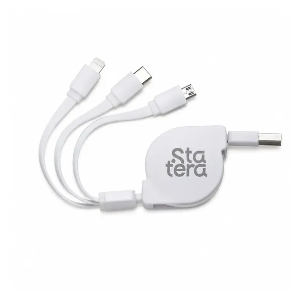 Cabo USB Retrátil 3 em 1 com USB-C, Micro USB e Lightning com personalização Statera para empresas