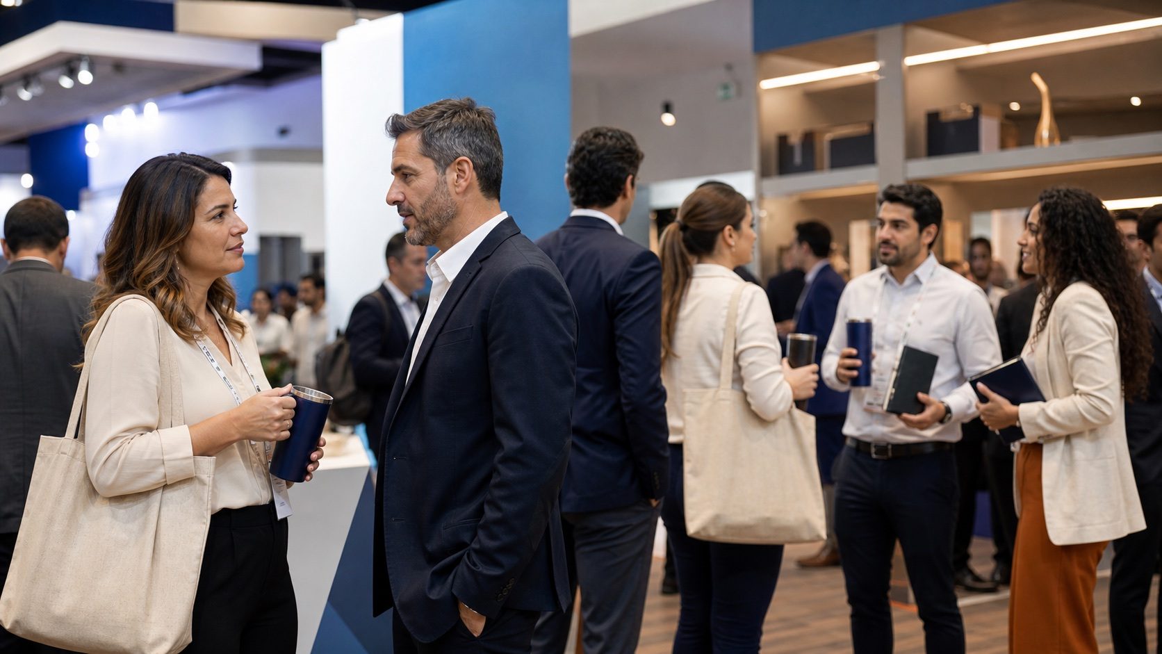 Profissionais conversando e usando brindes em um evento corporativo